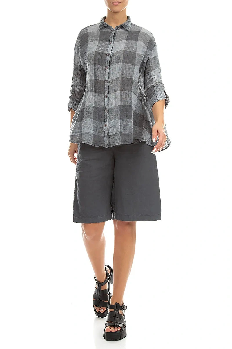 Chemise ample à grands carreaux en gaze de lin gris argenté
