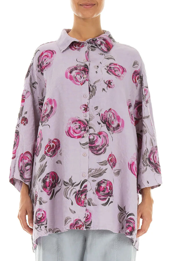 Loose Lilac Pink Rose Linen Shirt 1