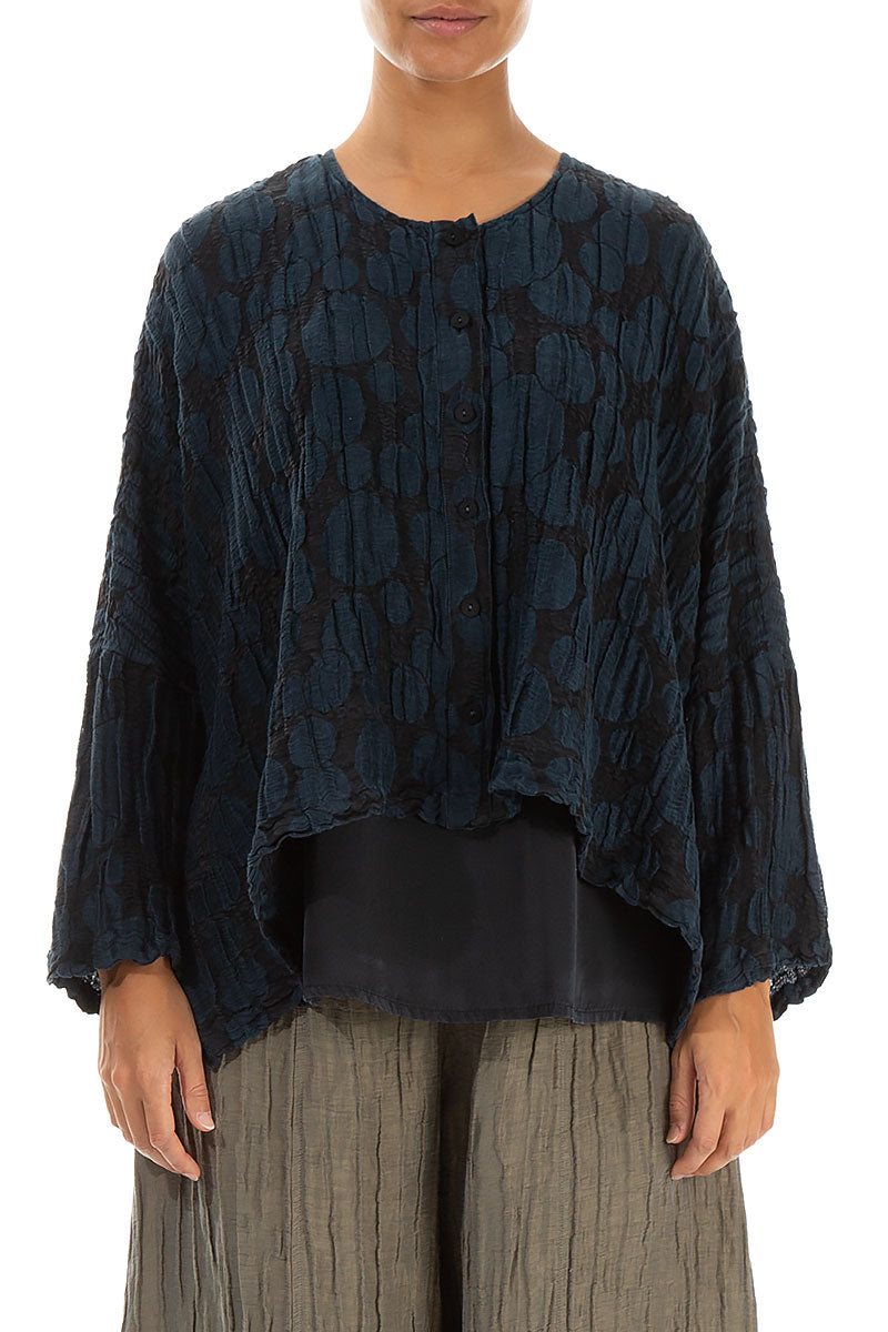 Loose Midnight Blue Circle Silk Linen Jacket 1