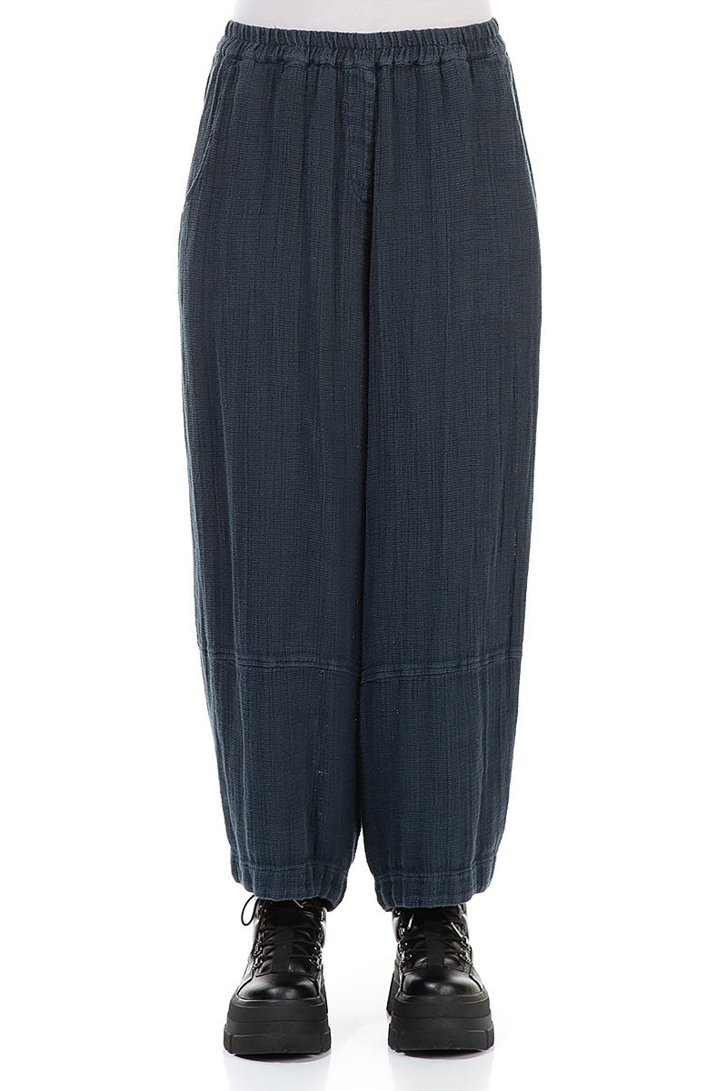 Loose Midnight Blue Textured Linen Trousers 1