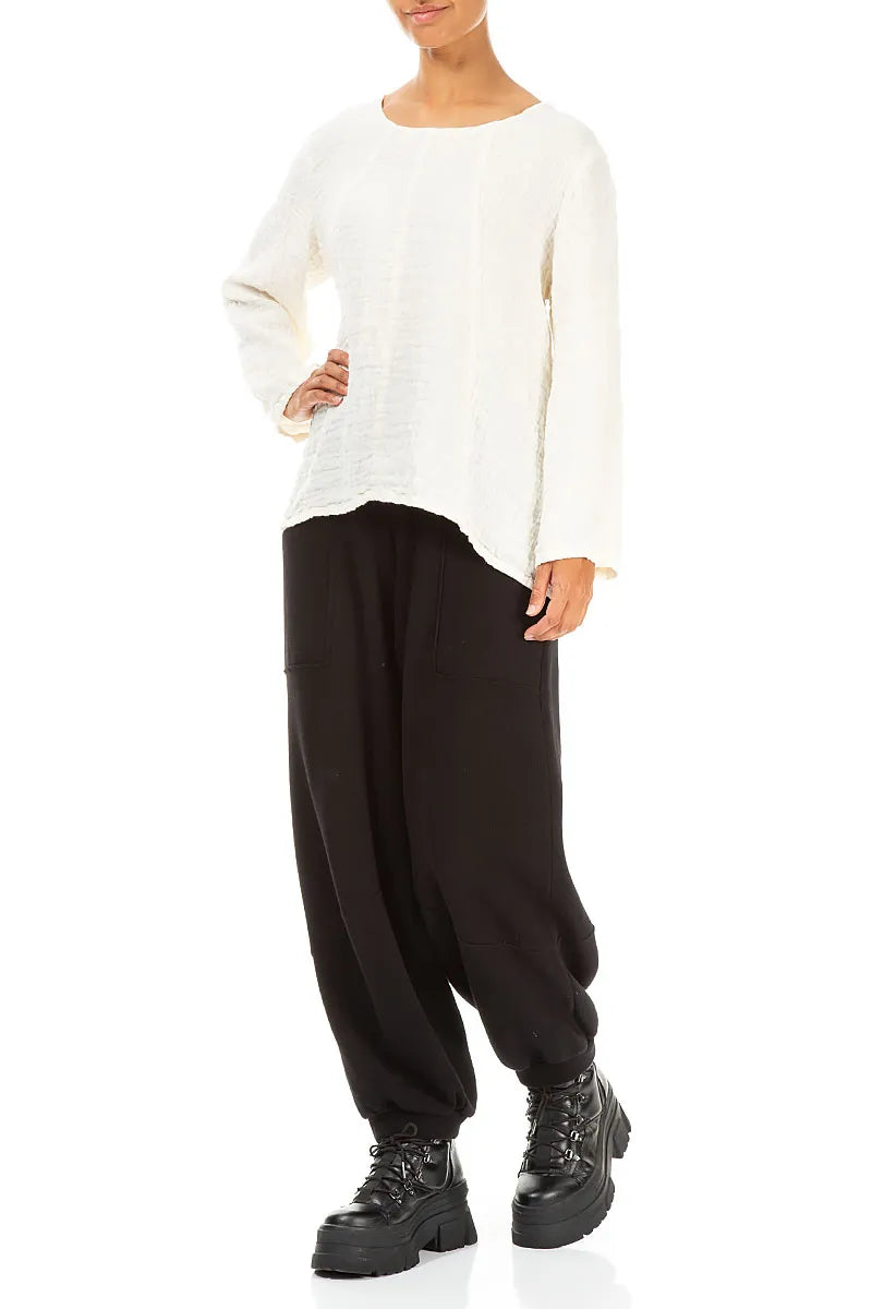 Loose Off White Textured Linen Blouse