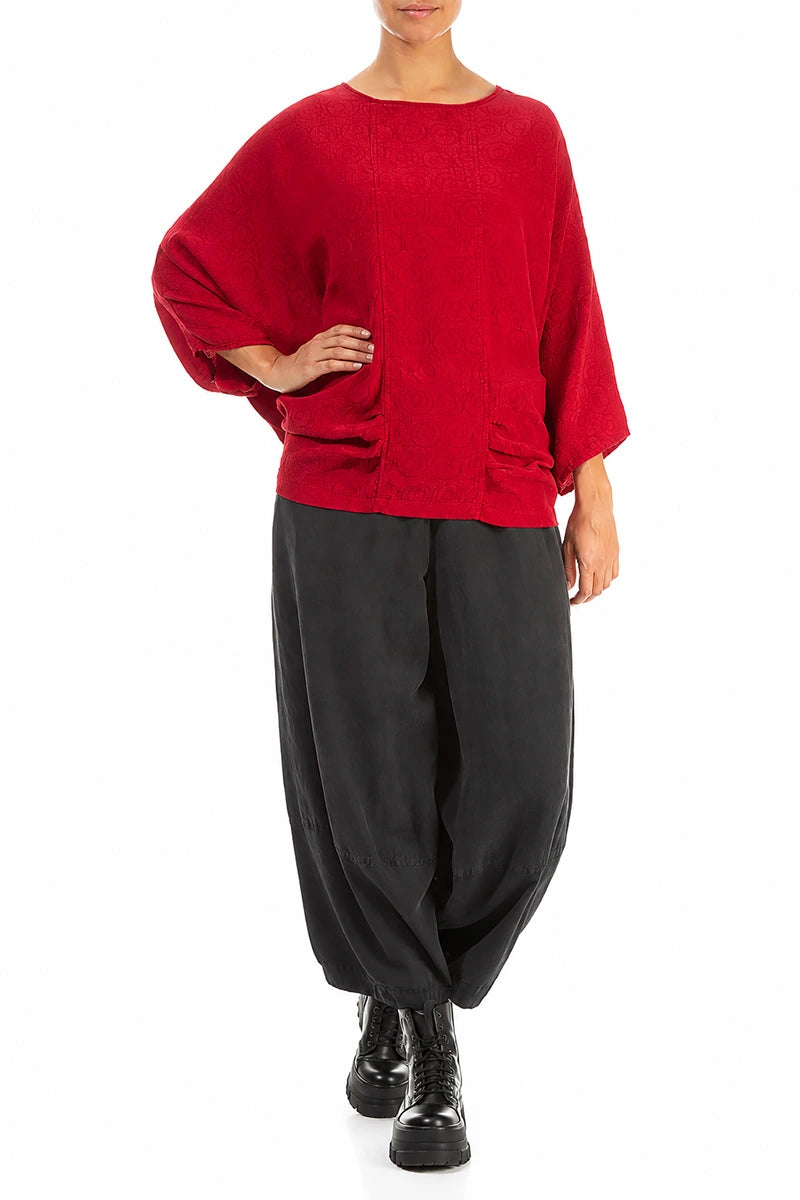 Loose Patterned Red Silk Cotton Blouse 4