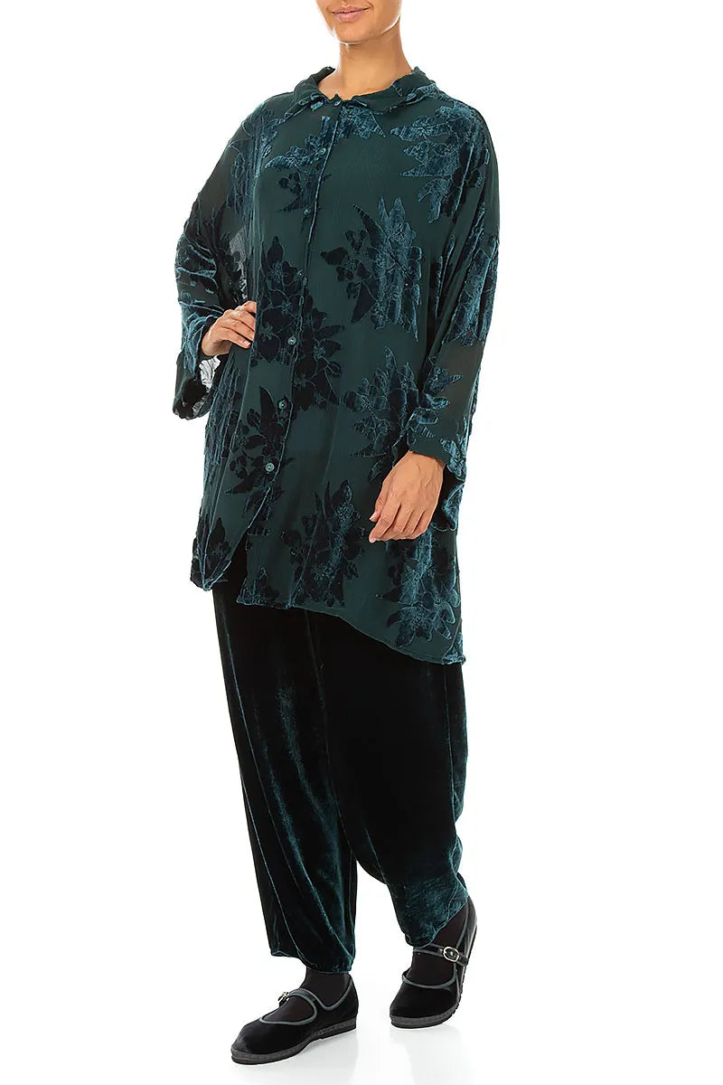 Loose Peacock Devoré Flower Silk Velvet Shirt