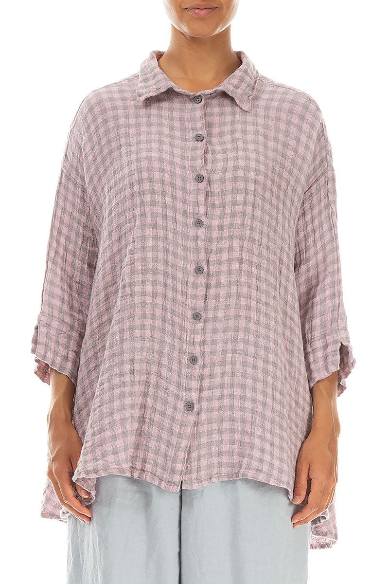 Loose Pink Check Linen Shirt 1