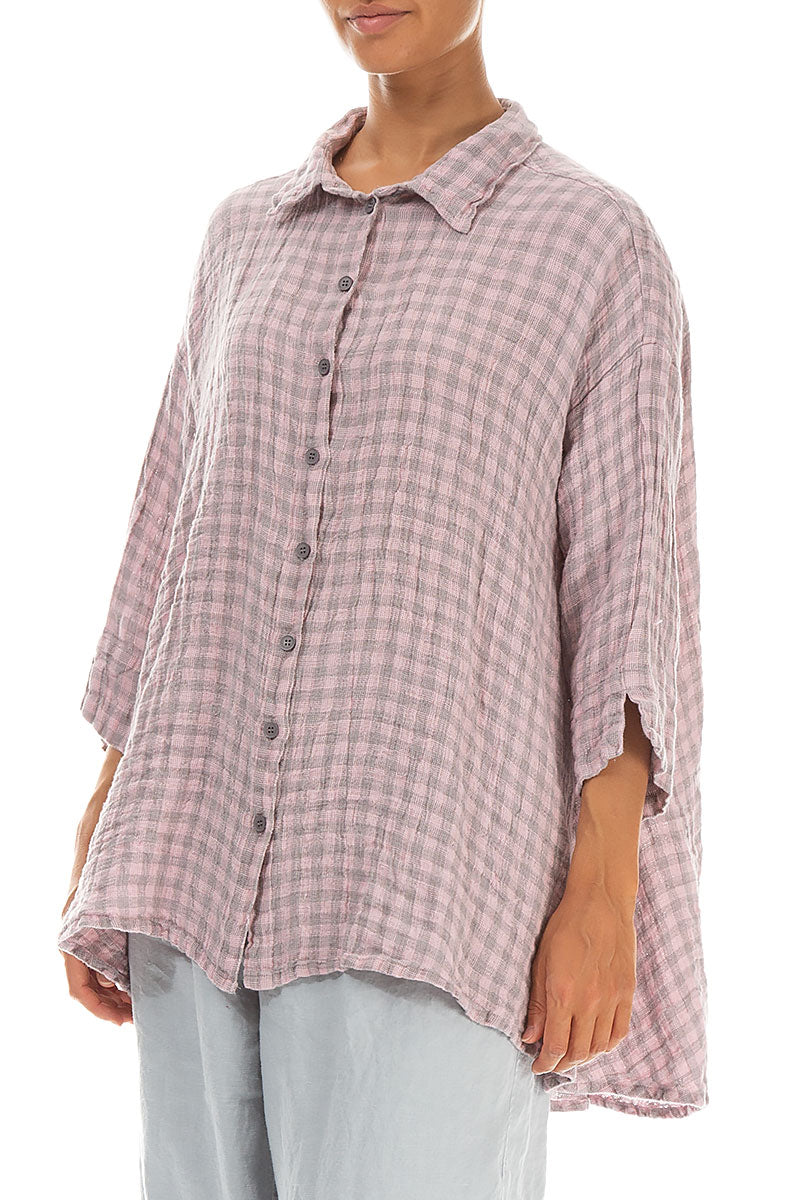 Loose Pink Check Linen Shirt 3