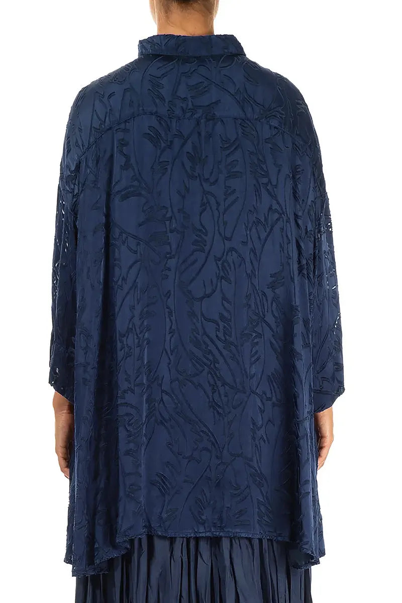 Loose Royal Blue Devoré Feather Silk Shirt 2