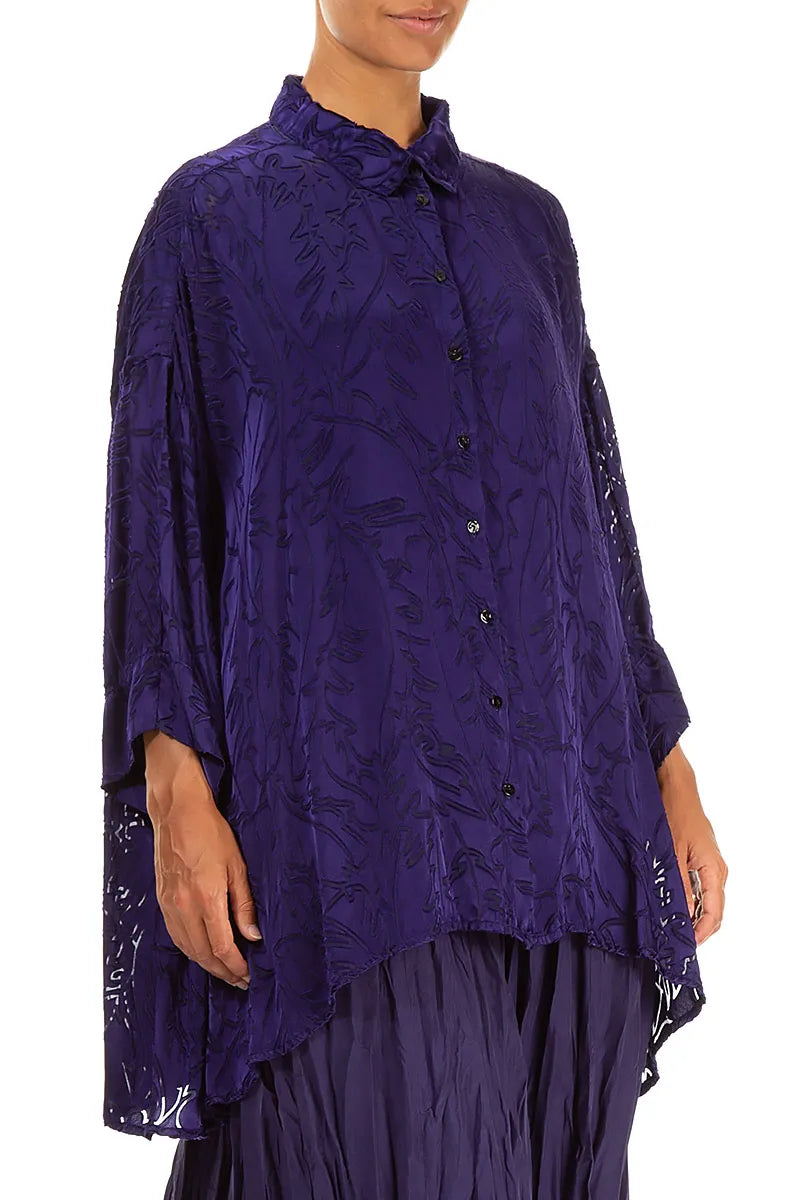 Loose Royal Purple Devoré Feather Silk Shirt 4