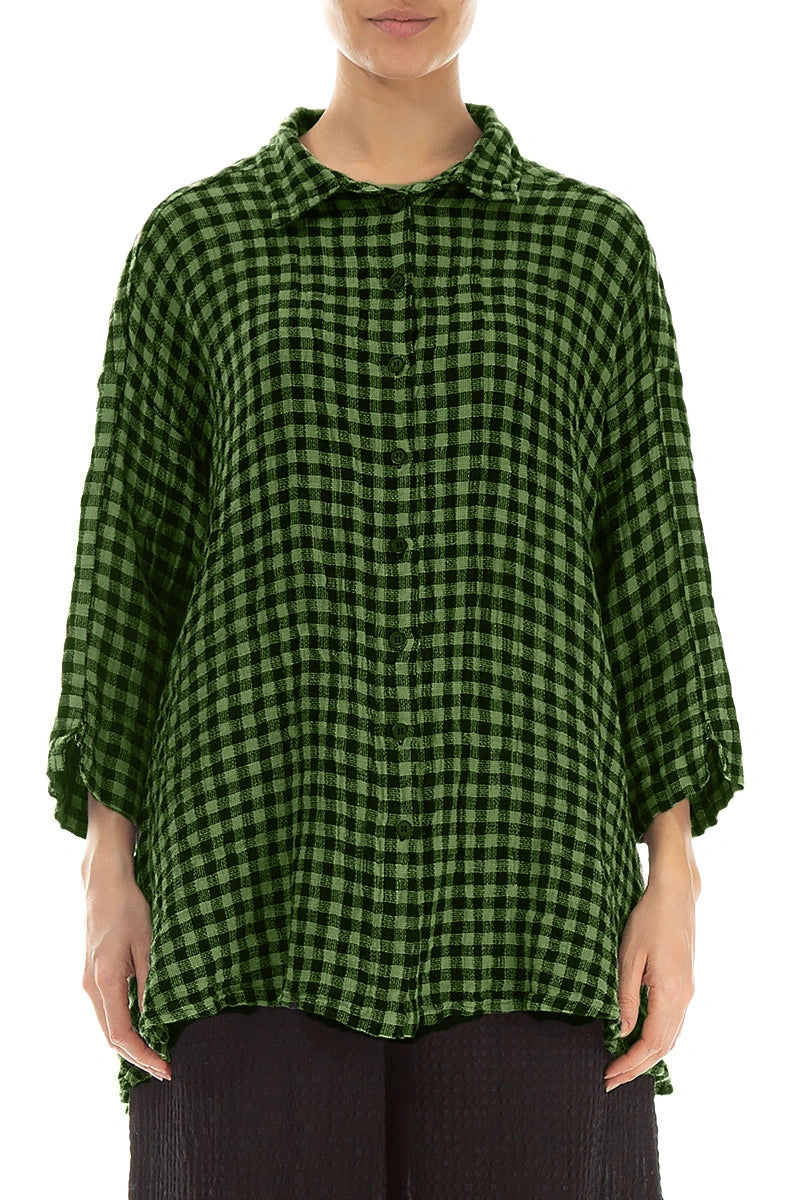 Loose Shamrock Green Check Linen Shirt