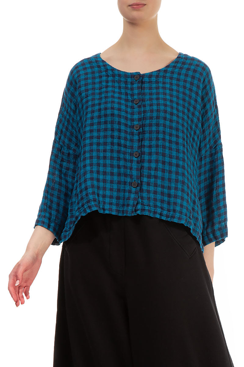 Loose Short Blue Check Linen Jacket 3