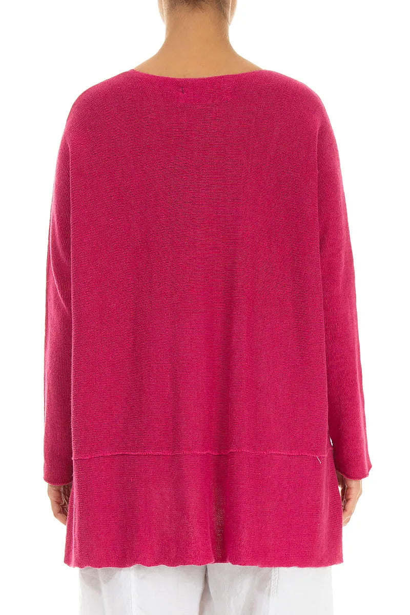 Loose Two Pockets Fuchsia Linen Cardigan