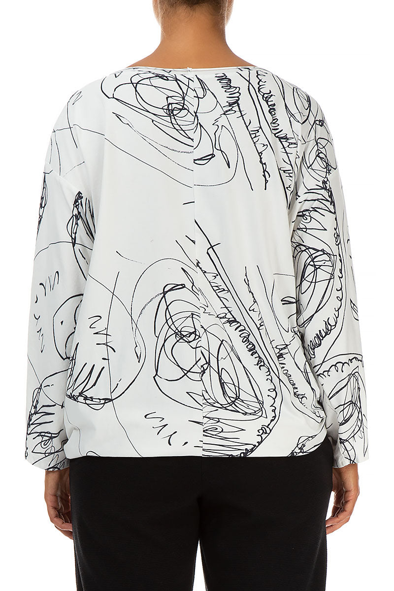 Loose White Abstract Draw Cotton Blouse 2