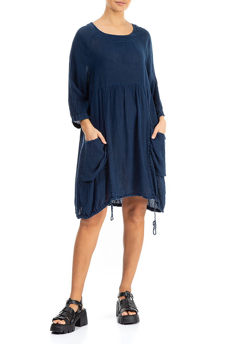 Side Pockets Navy Gauze Linen Tunic Dress 4