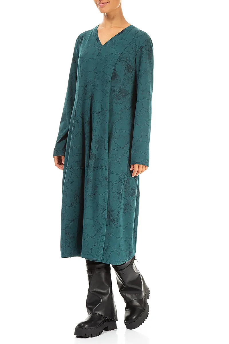 Long Sleeves V-Neck Peacock Marble Cotton Dress 3