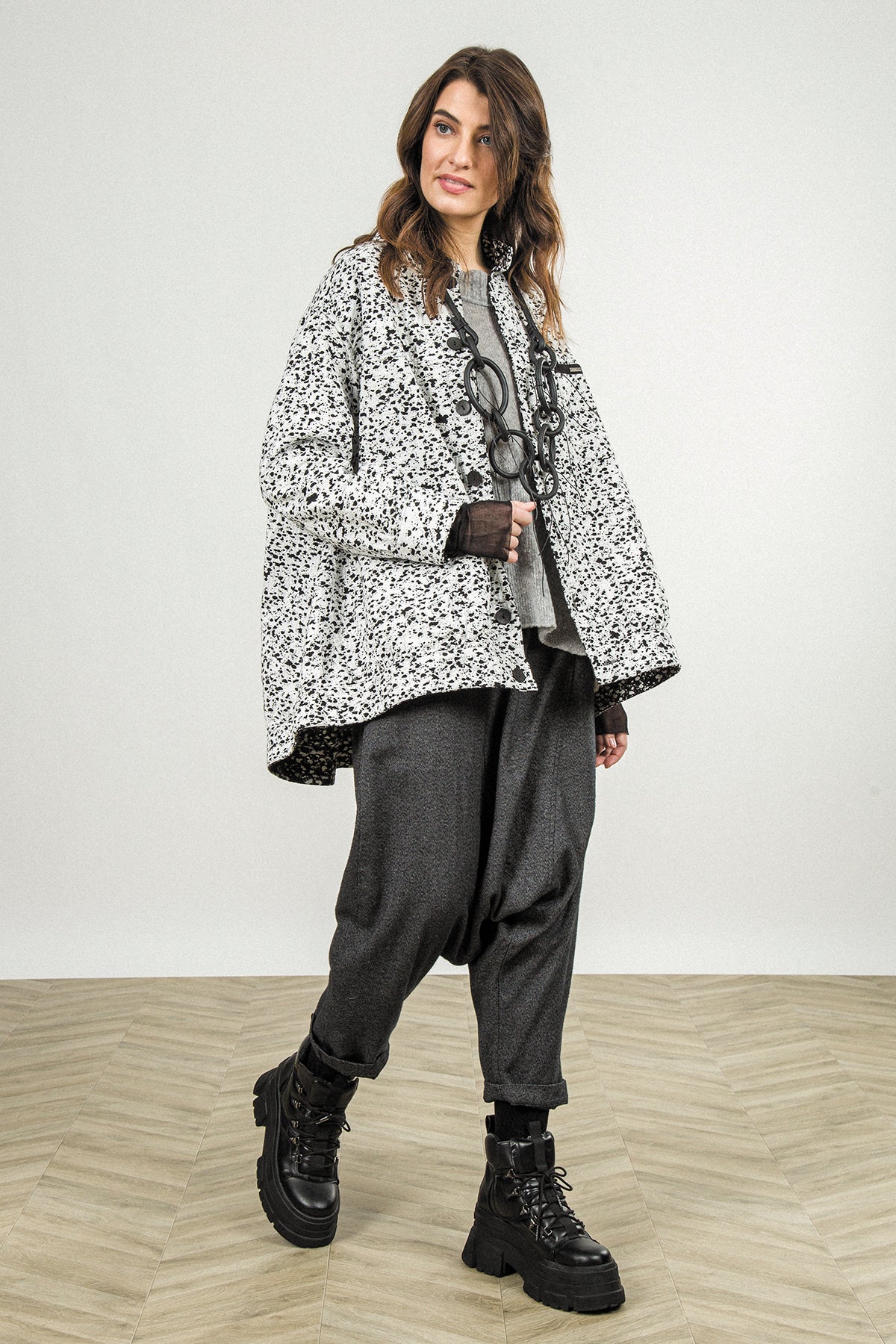 Reversible Speckled Black White Cotton Jacket Coat