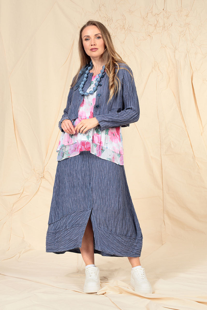 Front Slit Crinkled Blue Nova Silk Skirt 5