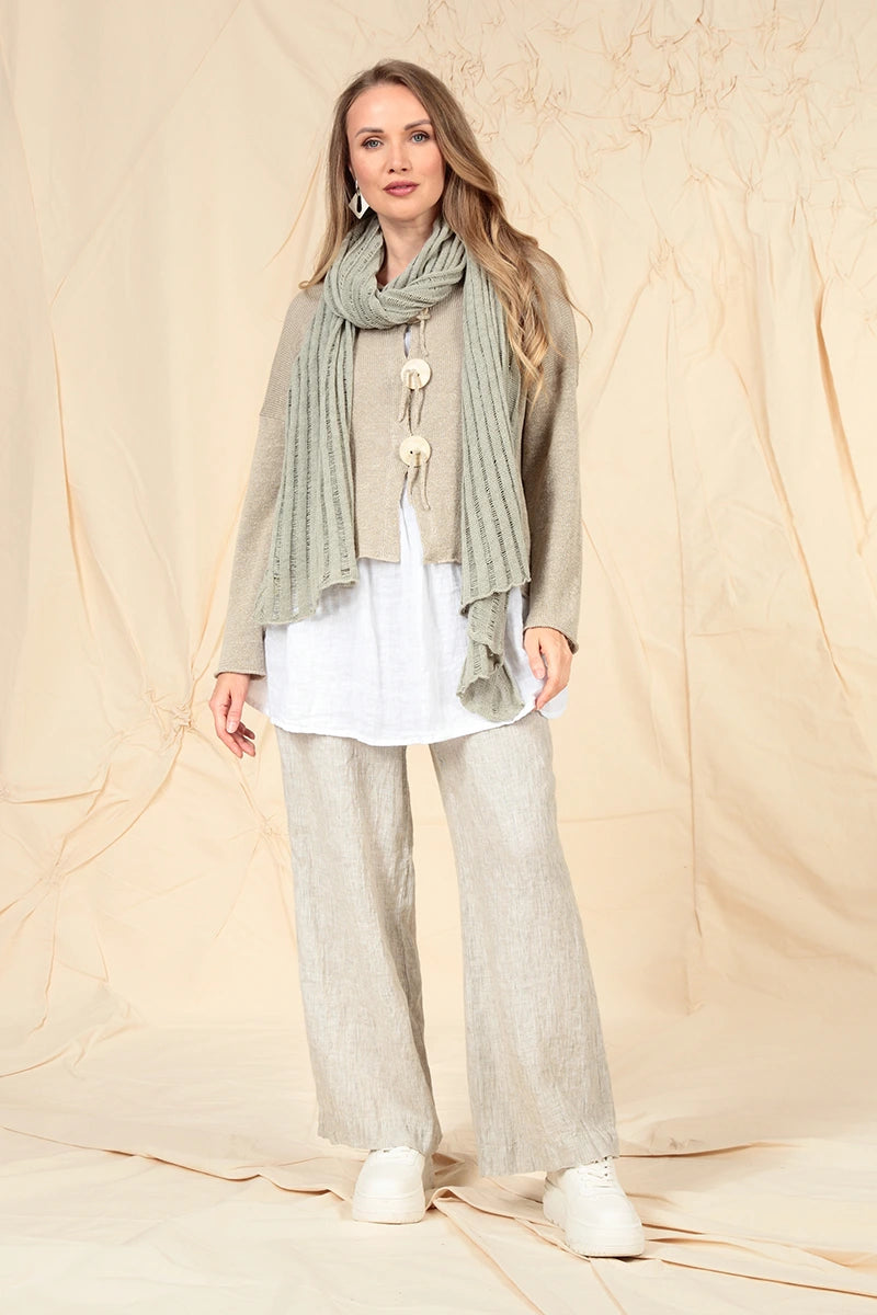 Straight Tie Up Striped Sand Linen Trousers 5