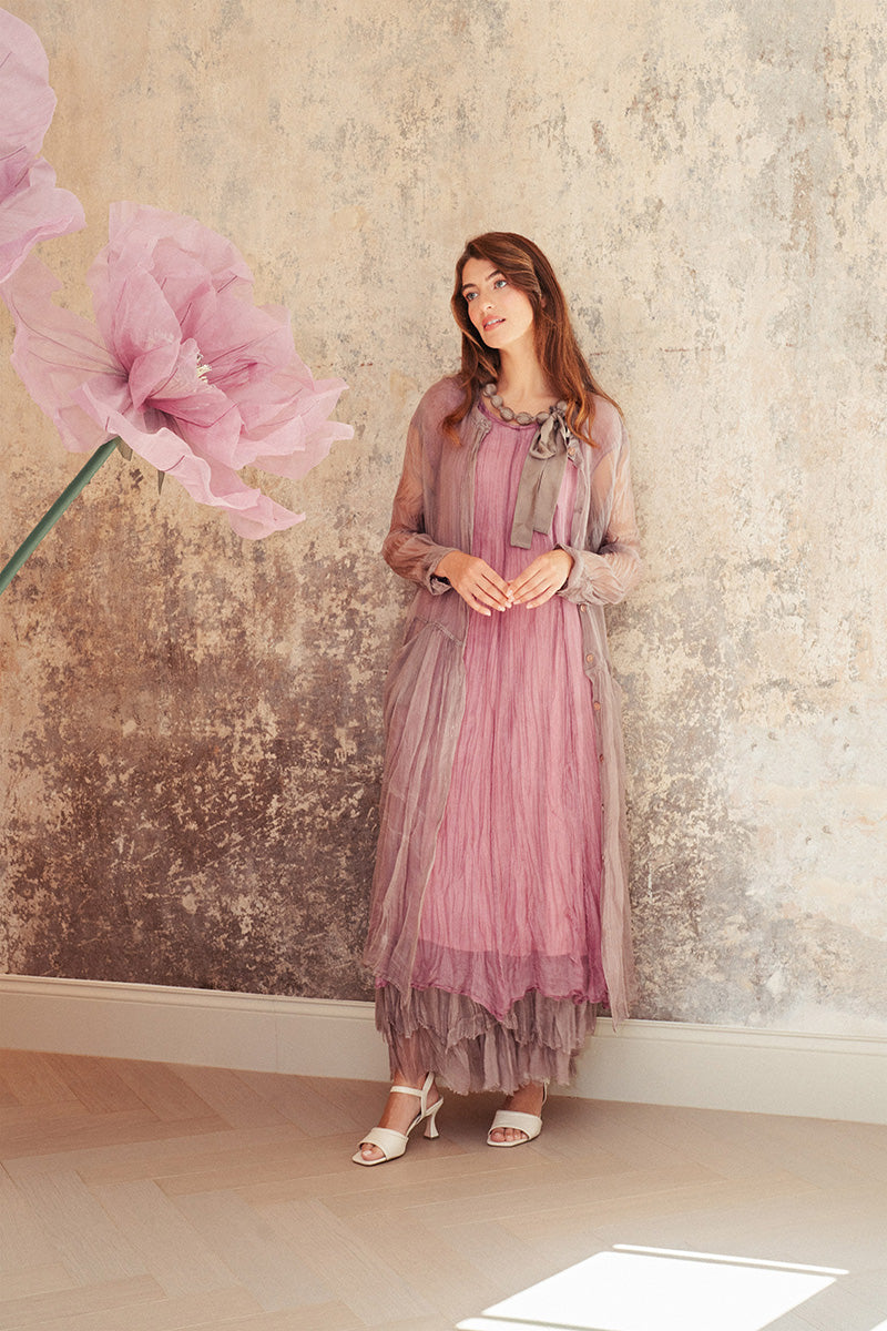 Mauve Taupe Crumpled Silk Chiffon Dress XL Mauve Taupe Crumpled Silk Chiffon Dress XL