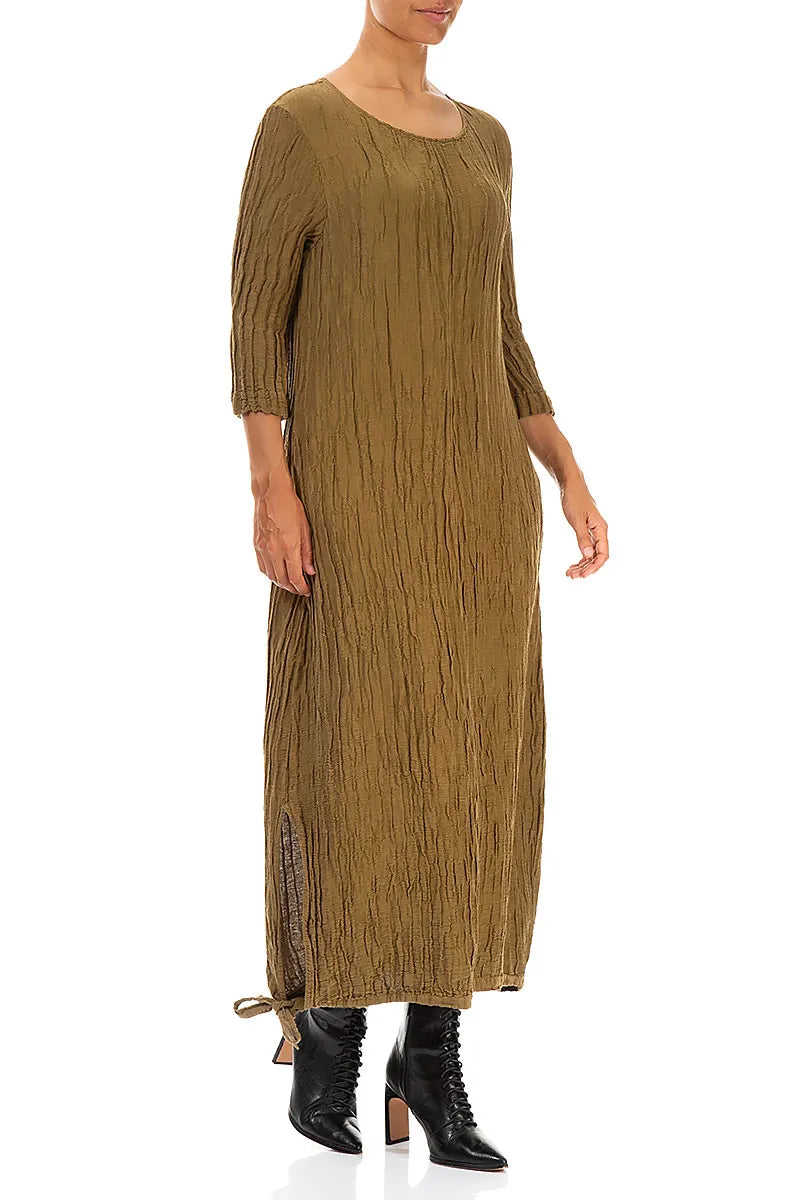 Maxi Balloon Crinkled Gold Khaki Silk Linen Dress