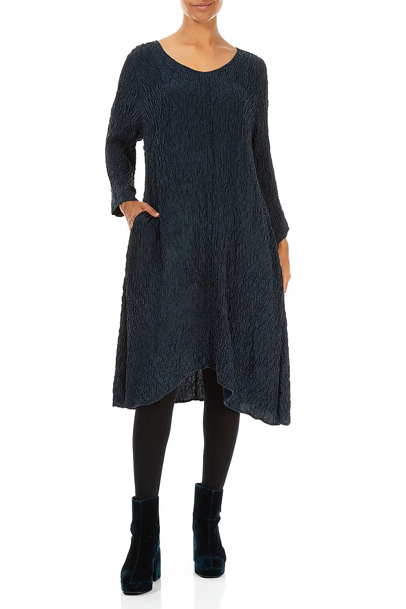 Midi Crinkled Navy Silk Dress 4