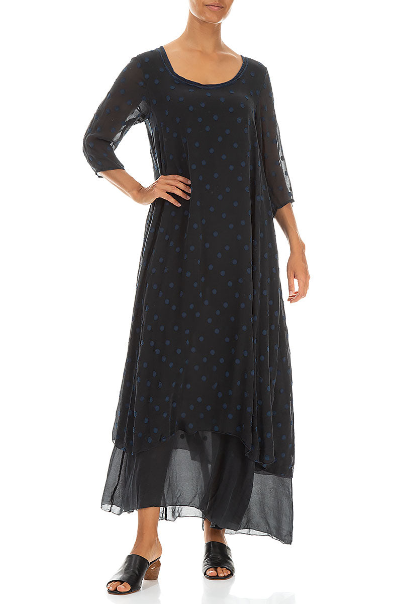 Midnight Blue Dotty Silk Maxi Dress 3