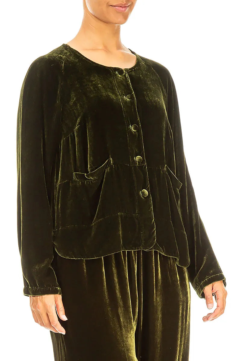 Minimal Button Forest Mist Silk Velvet Jacket 3