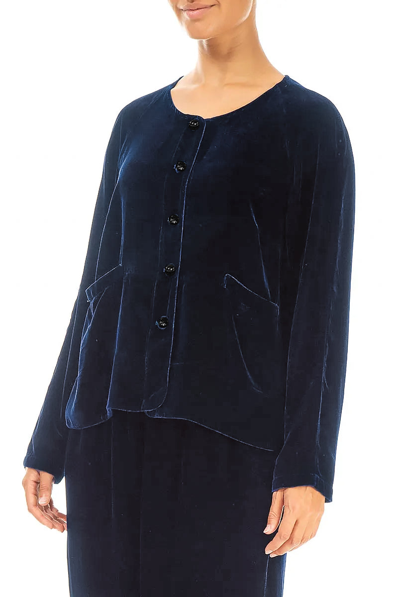 Minimal Button Royal Blue Silk Velvet Jacket 3