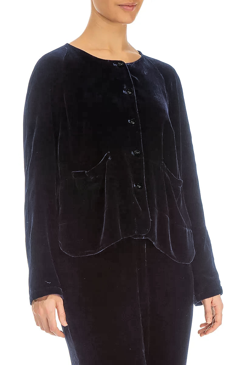 Minimal Button Slate Blue Silk Velvet Jacket 4