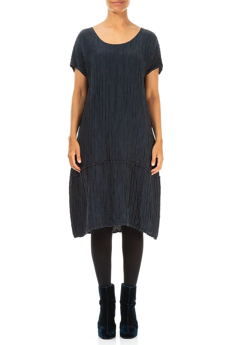 Navy Crinkled Silk Linen Dress 1