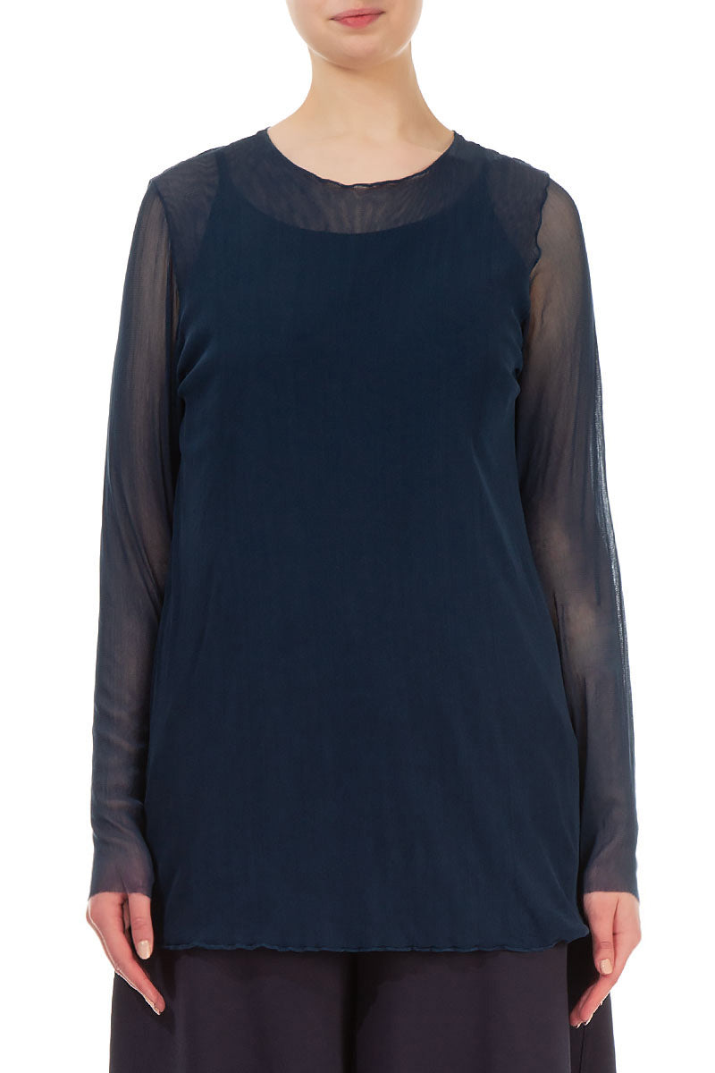 Navy Tulle Silk Blouse 1