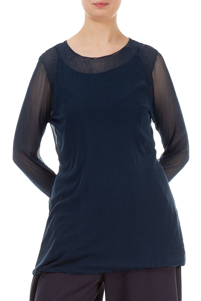 Navy Tulle Silk Blouse 3