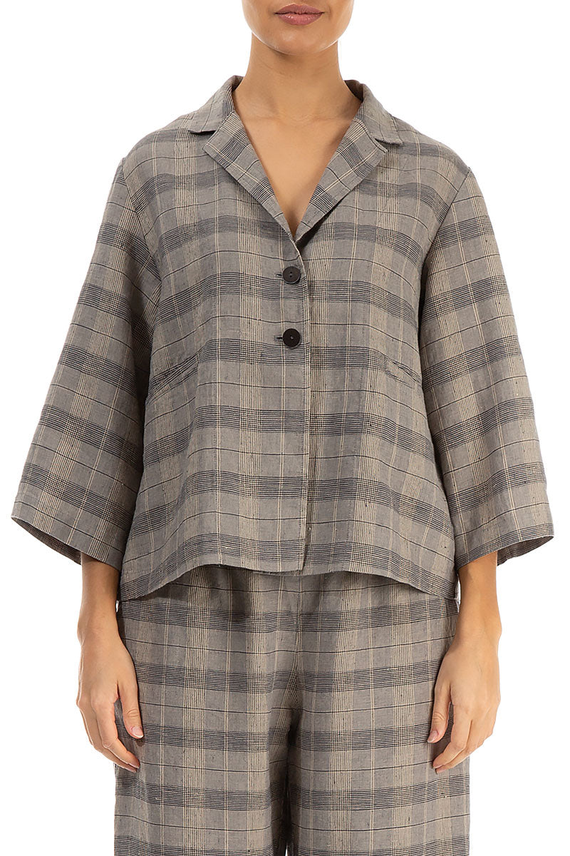 Notched Collar Greige Check Linen Jacket