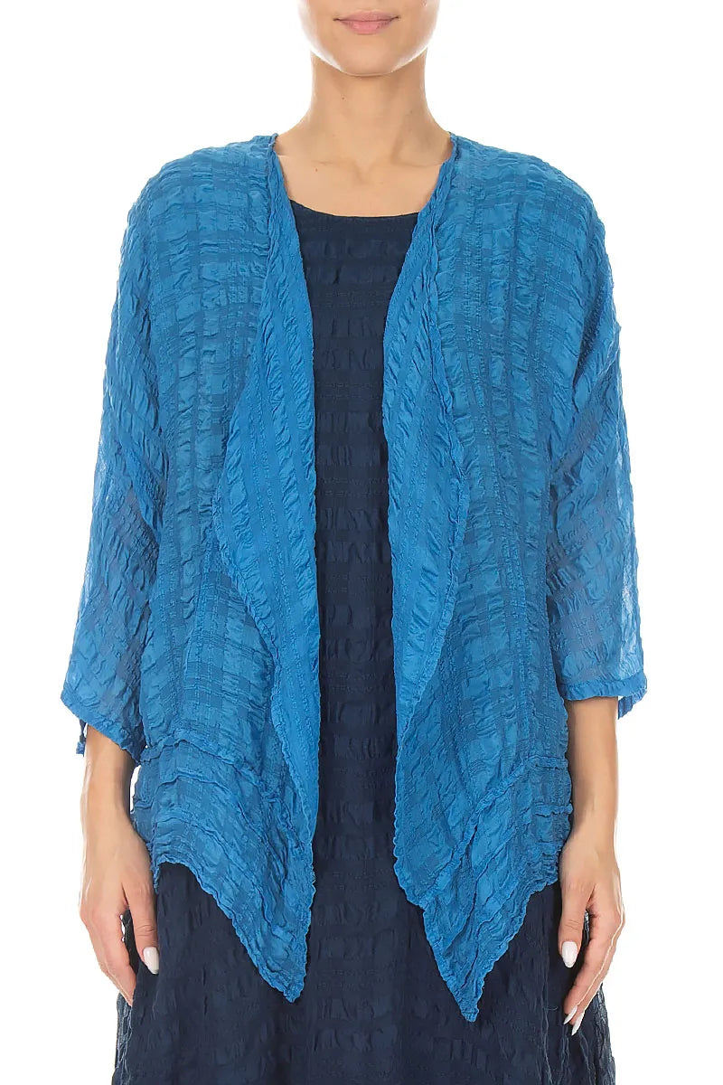 Open Cobalt Blue Textured Silk Jacket