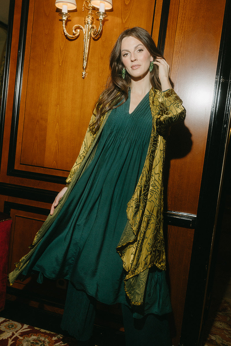 Open Golden Olive Devoré Feather Silk Jacket 7
