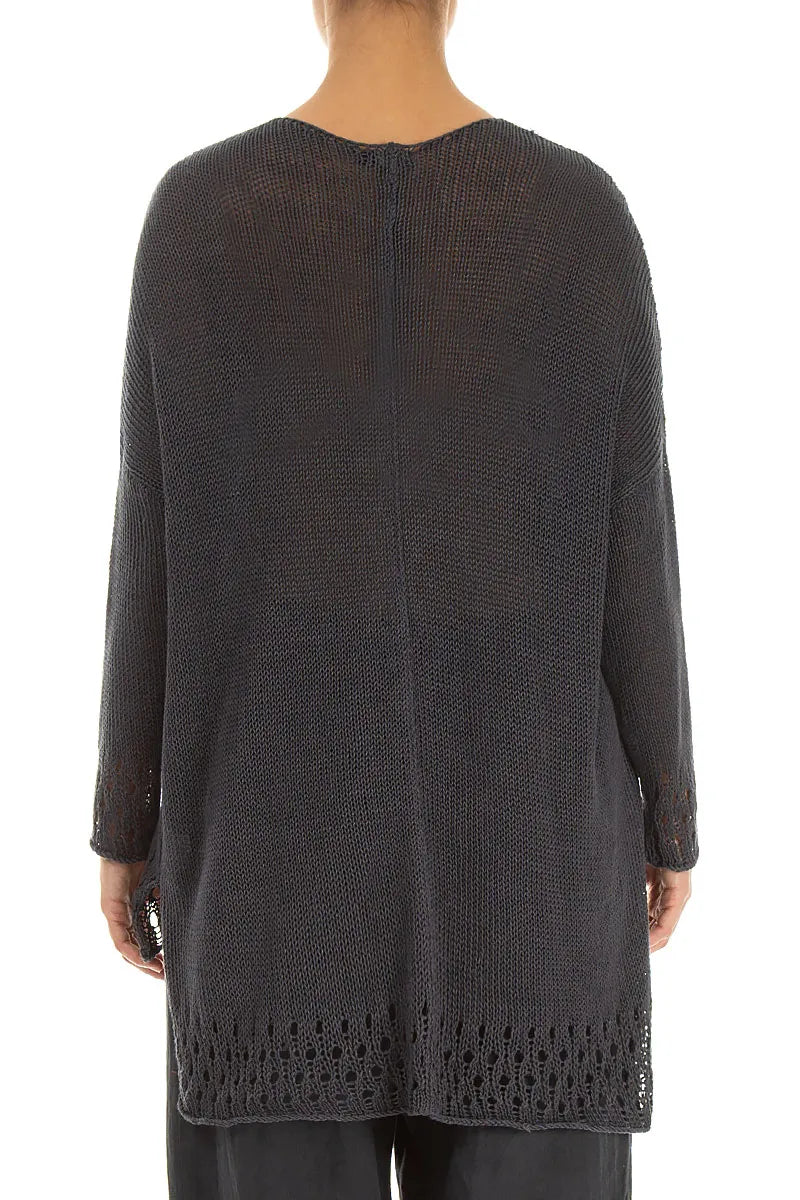 Durchbrochener Saum Grafitfarbener Leinenpullover