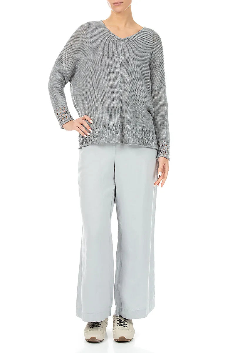 Openwork Hem Grey Linen Jumper 4
