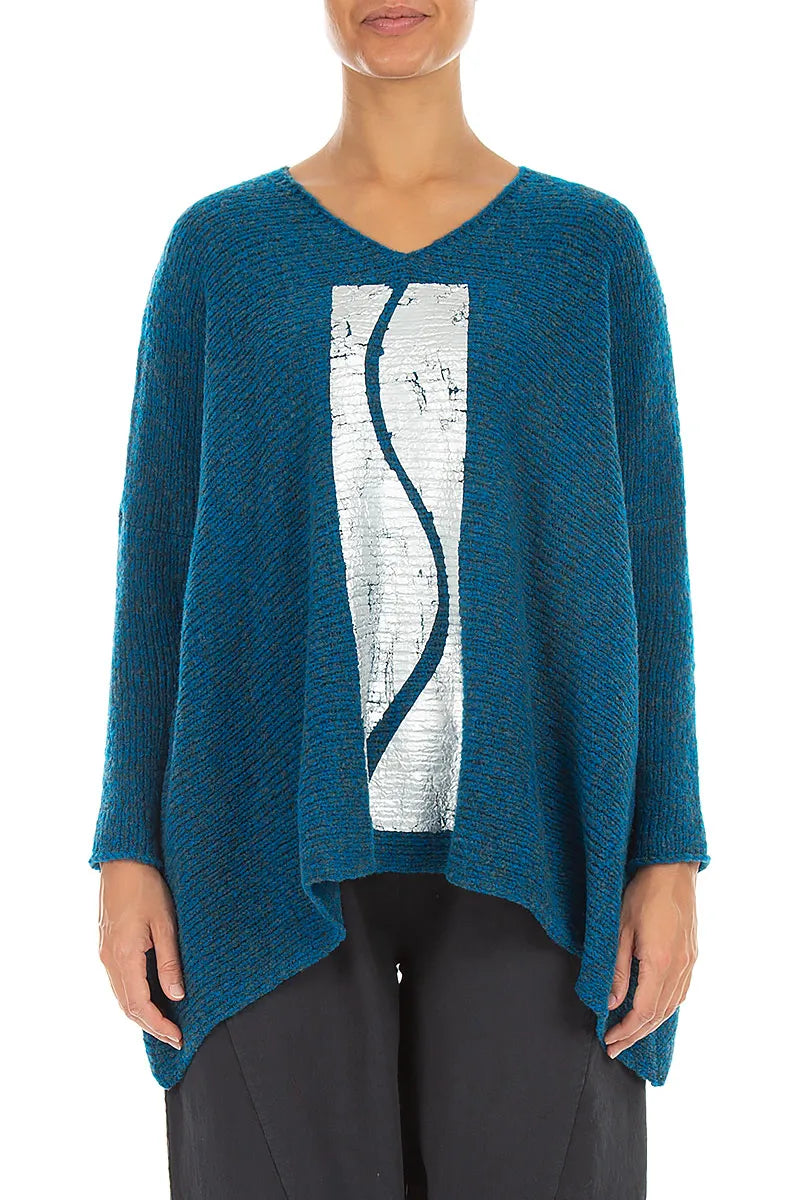 Oversized Deep Azure Silver Metallic Mélange Wool Sweater 1