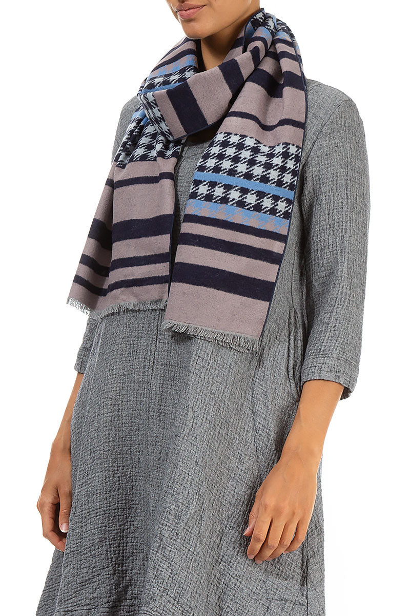 Patterned Navy Mulberry Silk Scarf 3