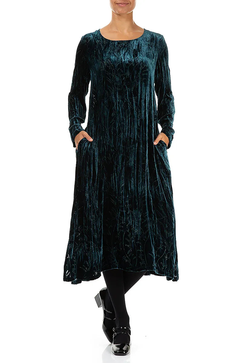 Peacock Devoré Feather Crumpled Silk Velvet Dress 4