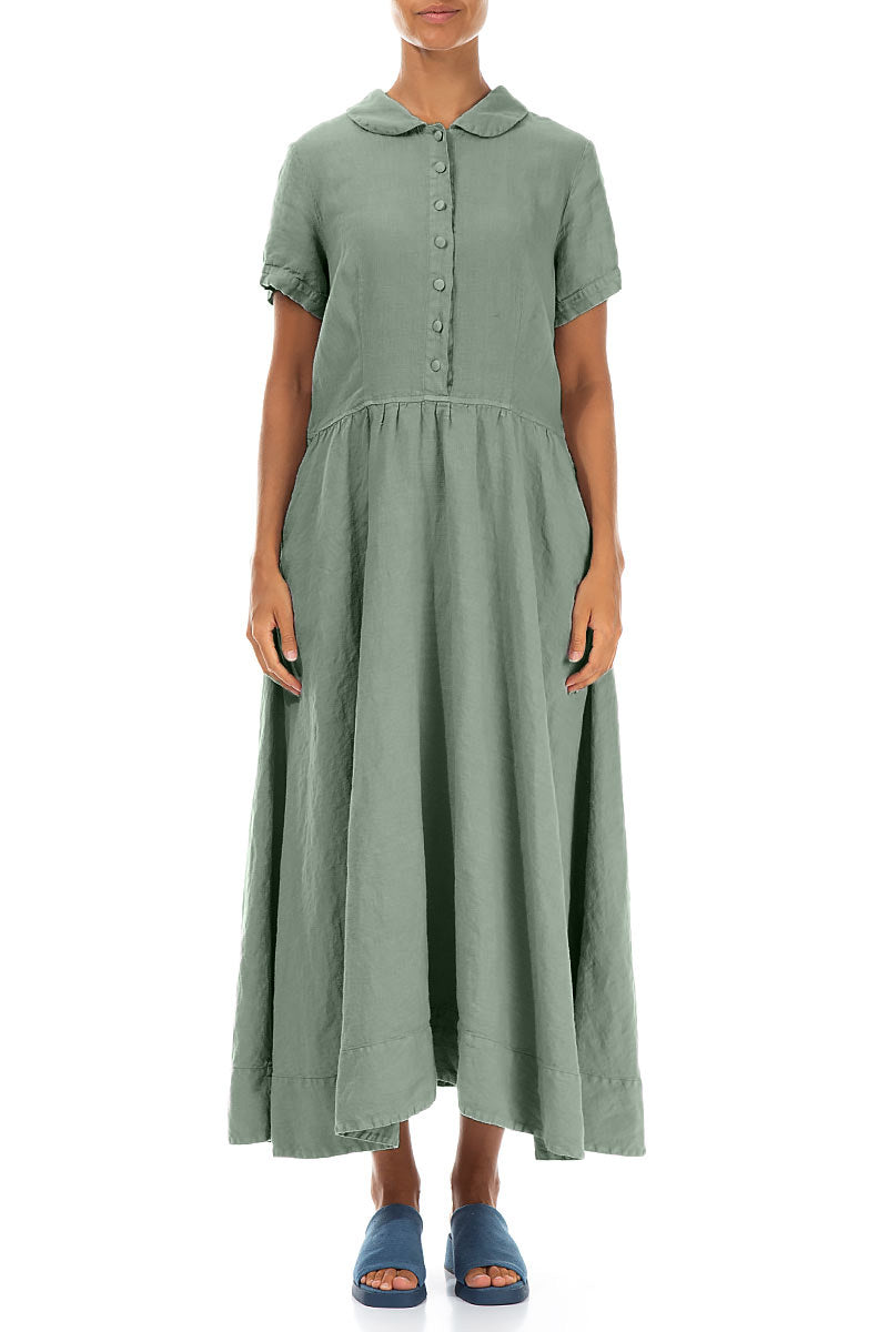 Peter Pan Collar Sage Linen Dress  grizas.com