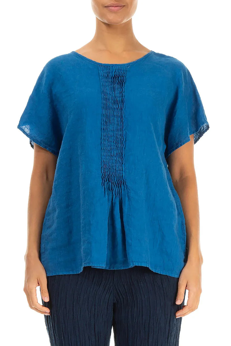 Pin-Tucked Cobalt Blue Linen Blouse 1