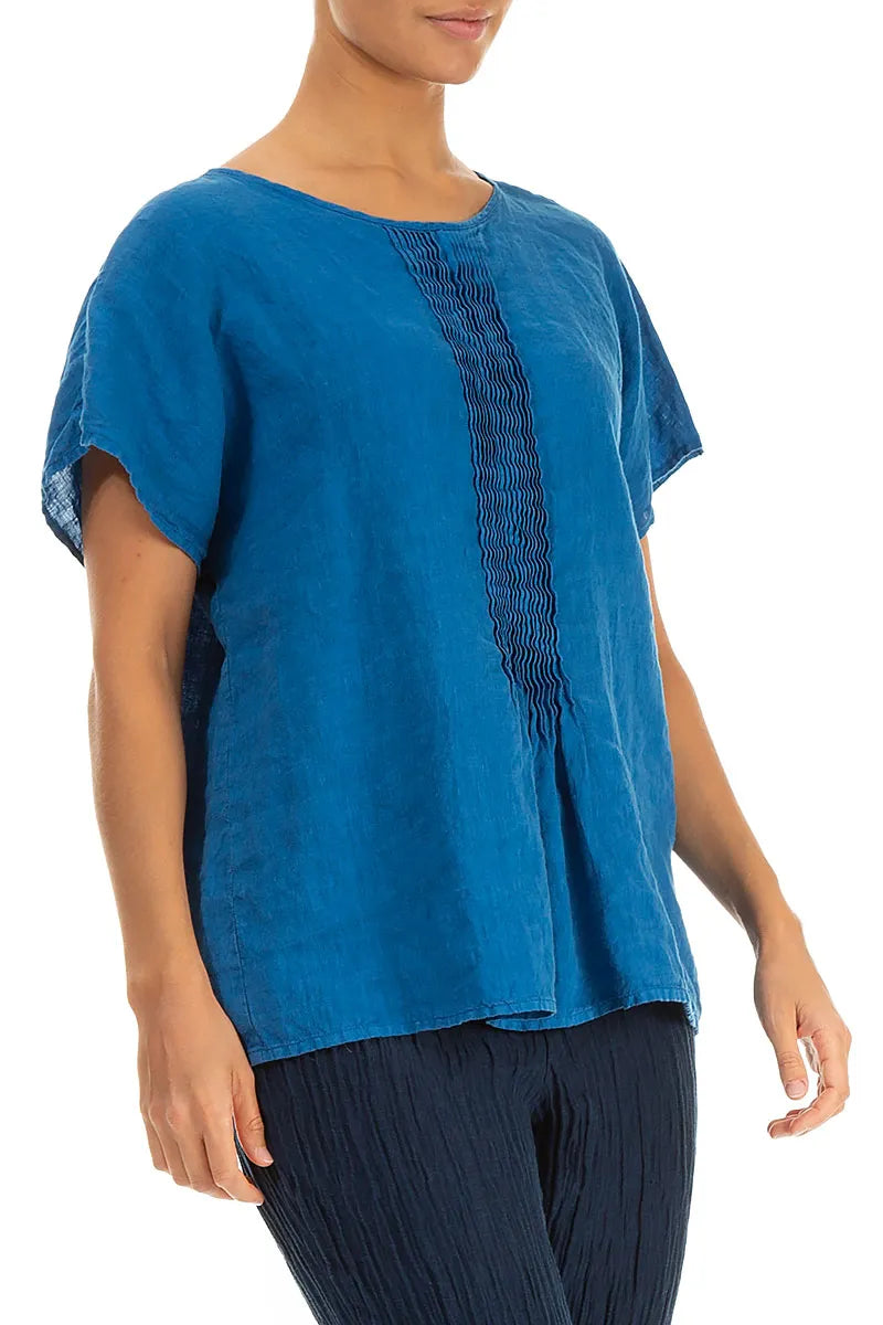 Pin-Tucked Cobalt Blue Linen Blouse 3
