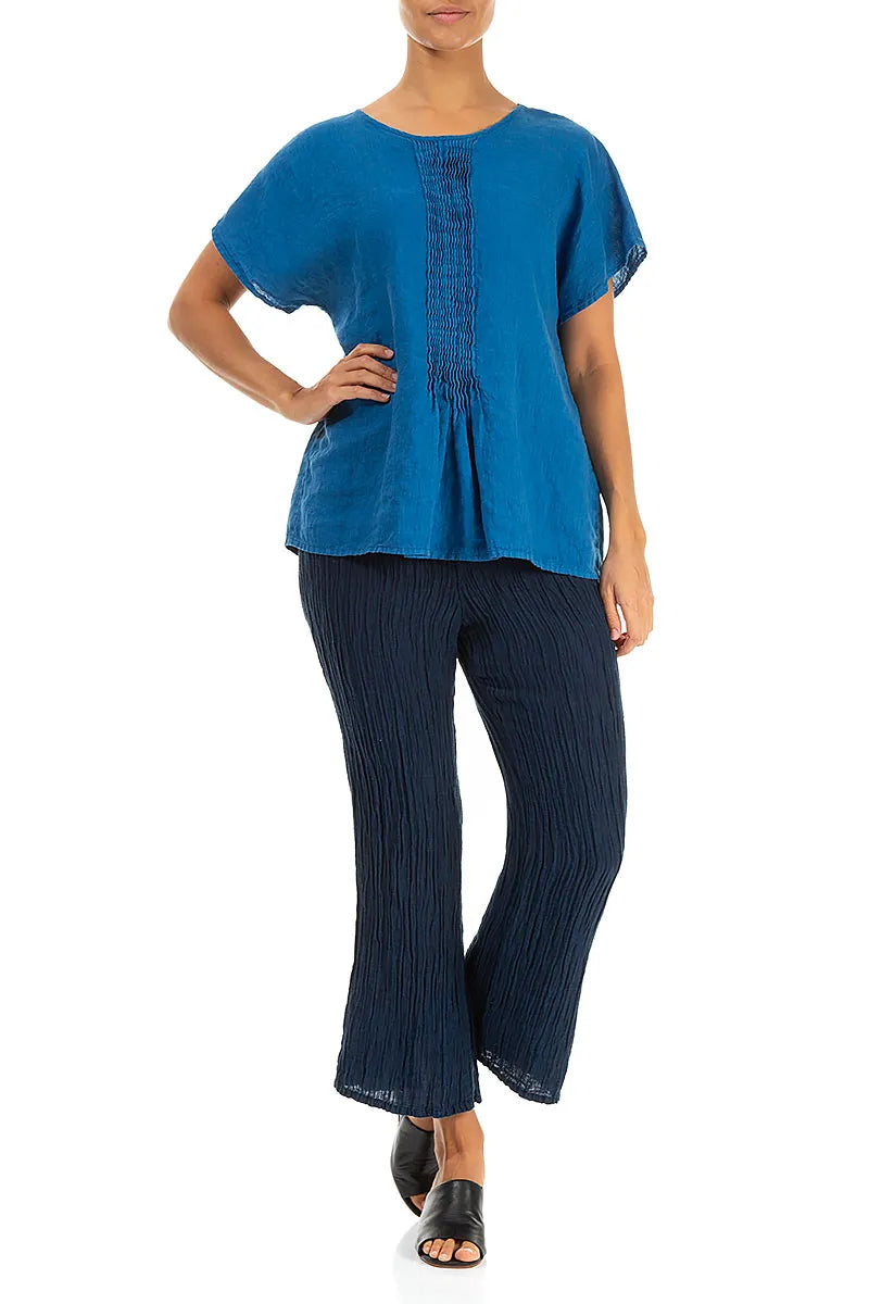 Pin-Tucked Cobalt Blue Linen Blouse 4