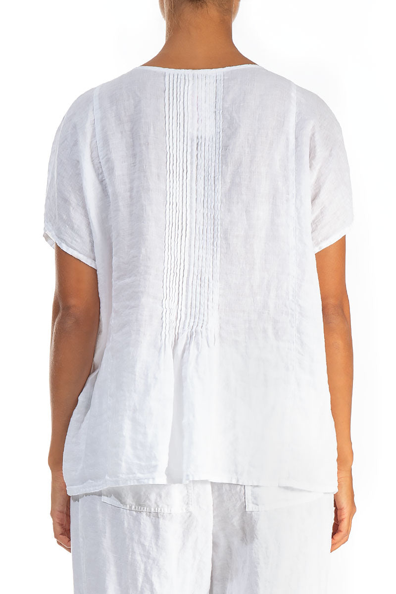 Pin-Tucked Pure White Linen Blouse 2