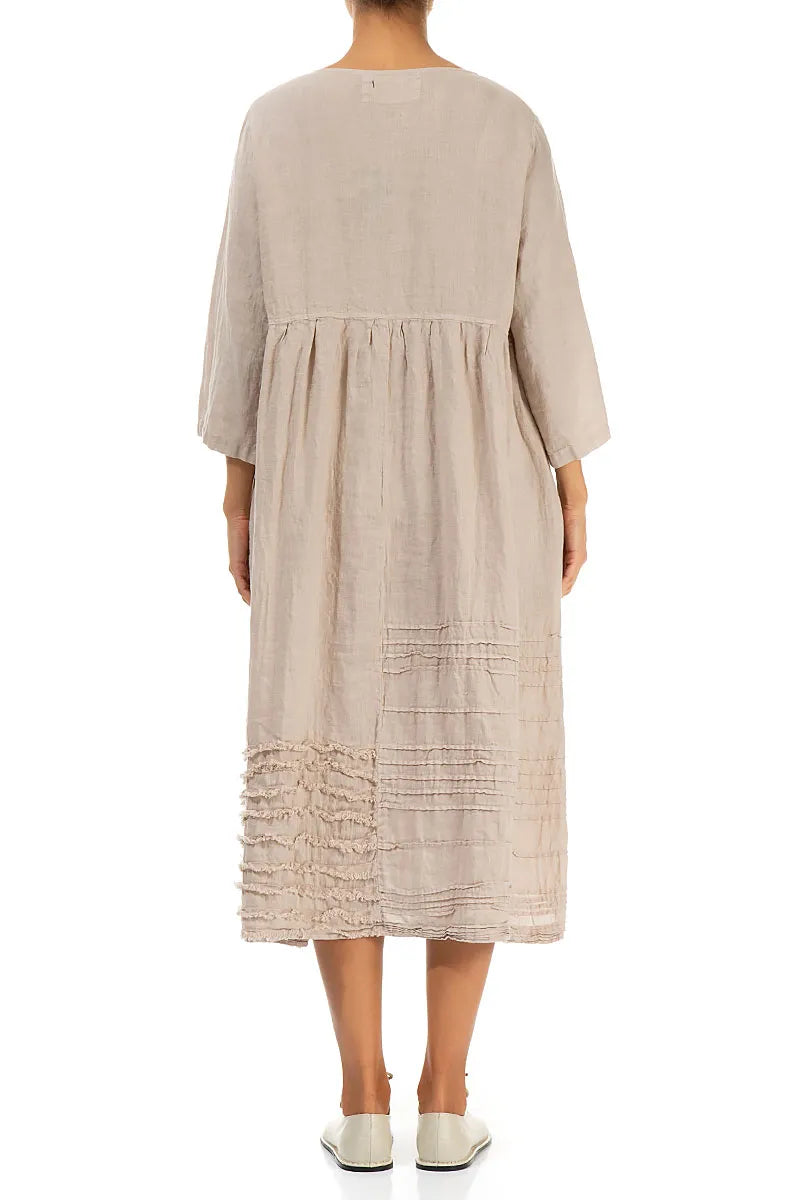 Pin Tucks Frayed Hem Beige Linen Dress 2
