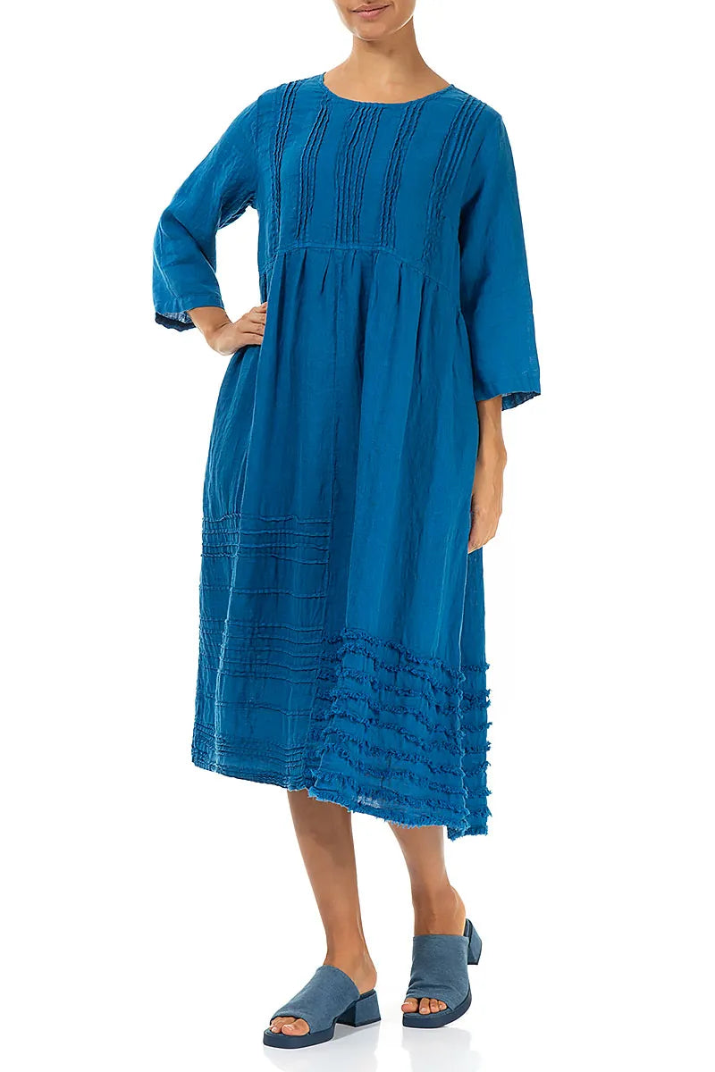 Pin Tucks Frayed Hem Cobalt Blue Linen Dress 4