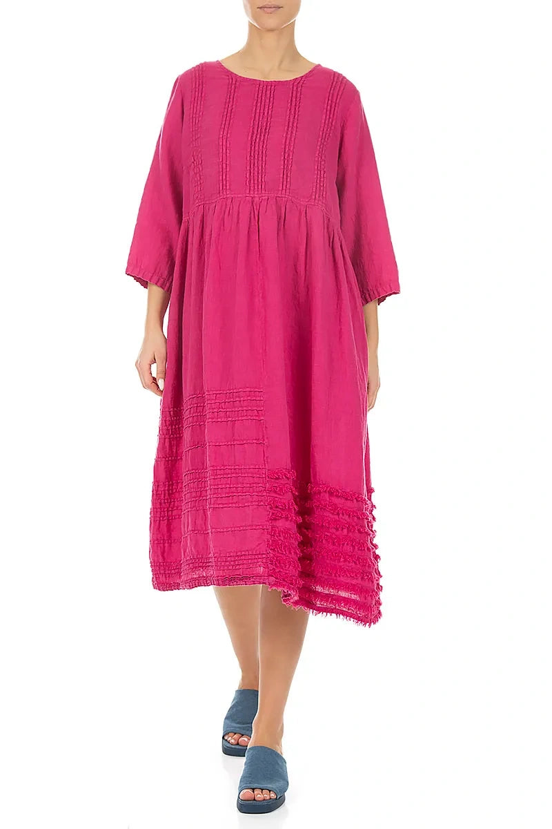 Pin Tucks Frayed Hem Fuchsia Linen Dress 4