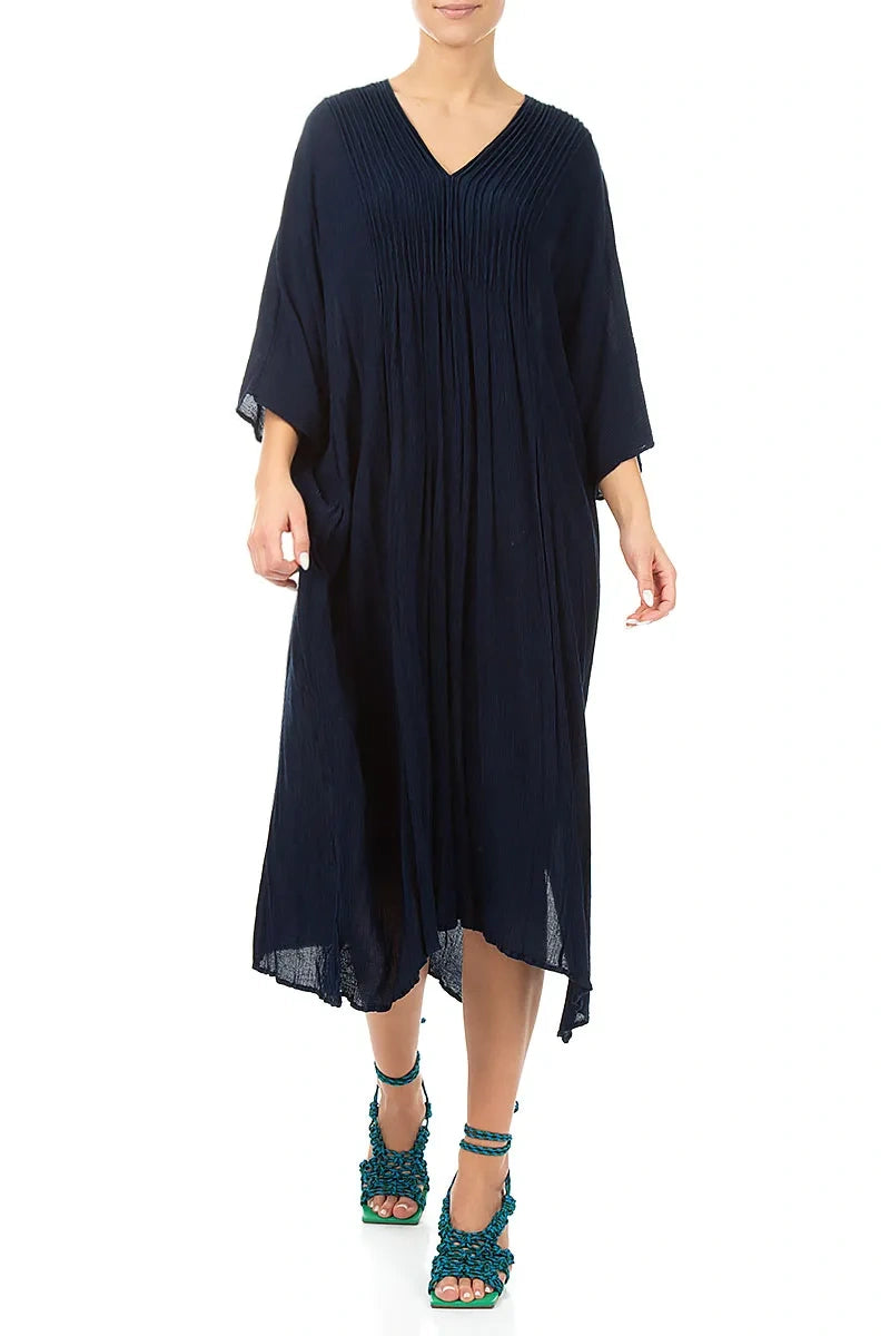 Pin Tucks Navy Silk Viscose Dress 3