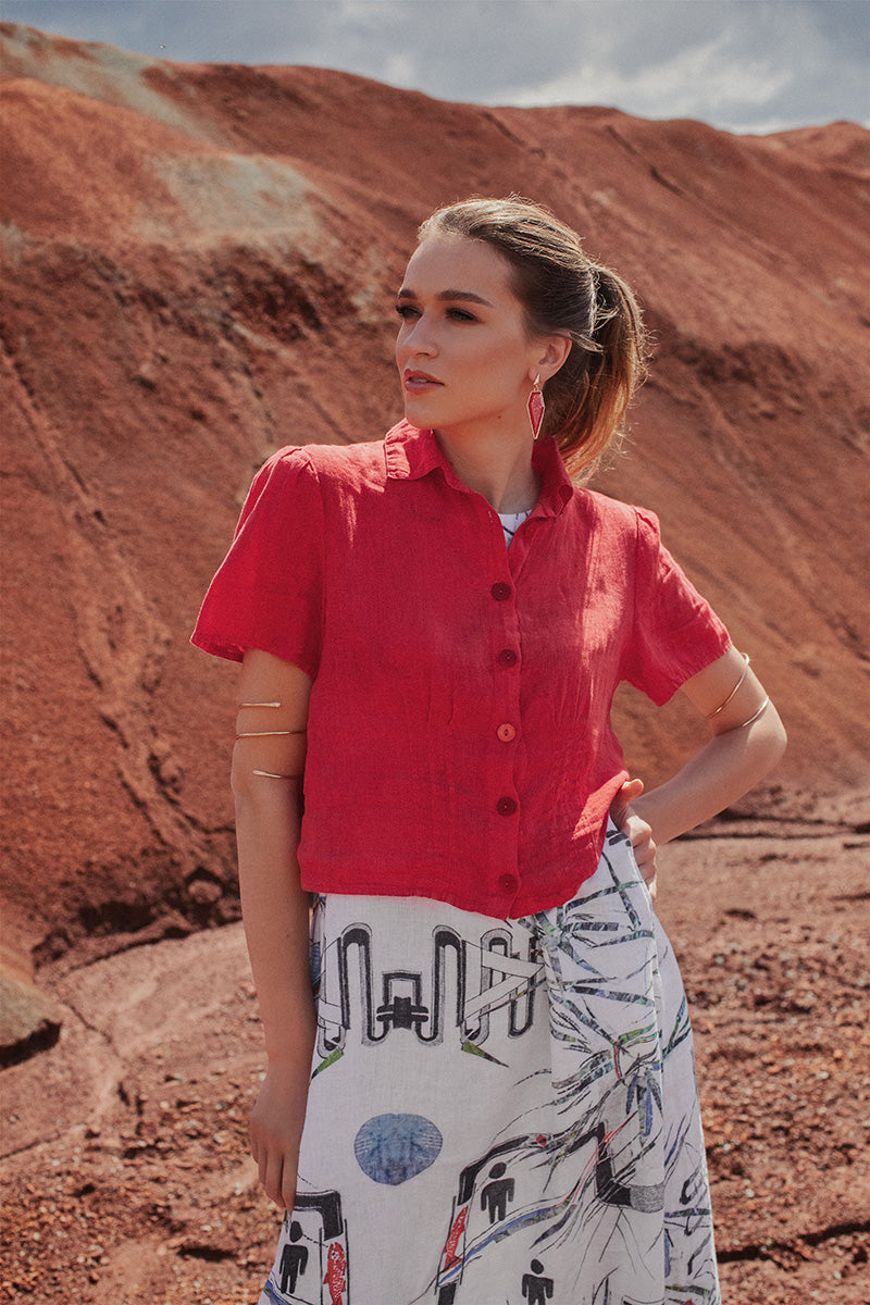 Pin Tucks Poppy Red Linen Shirt 7