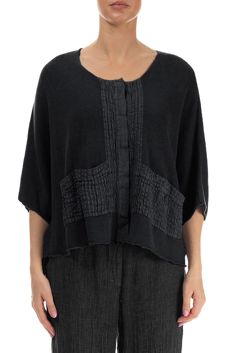 Pintuck Front Black Linen Cardigan 1