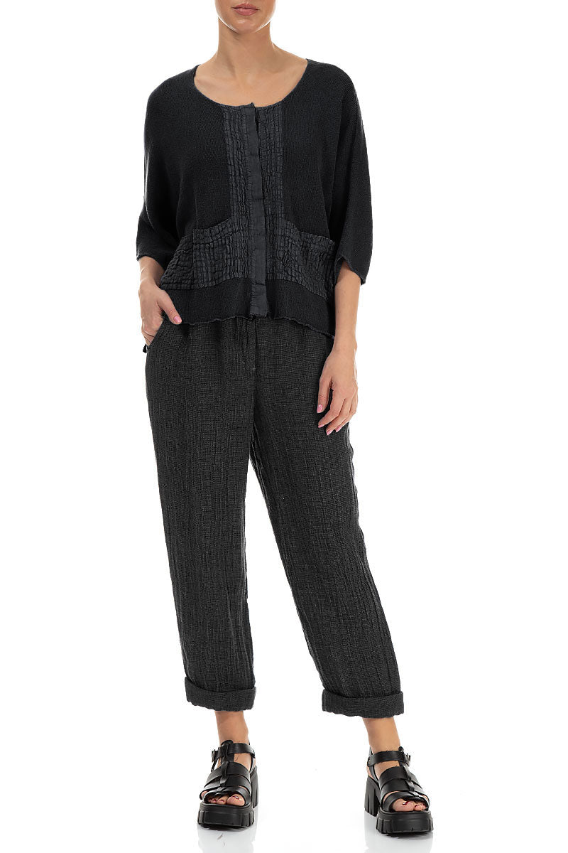 Pintuck Front Black Linen Cardigan 4